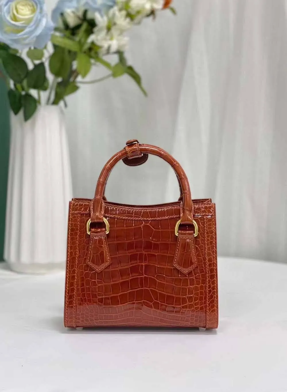 Womens Shiny Crocodile Leather Top Handle Bag Brown