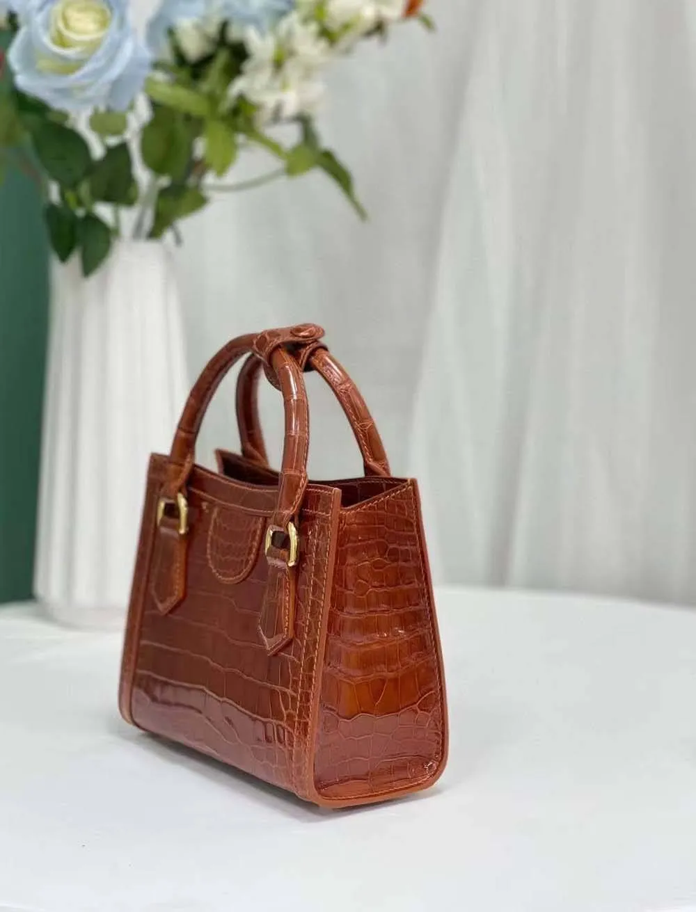 Womens Shiny Crocodile Leather Top Handle Bag Brown