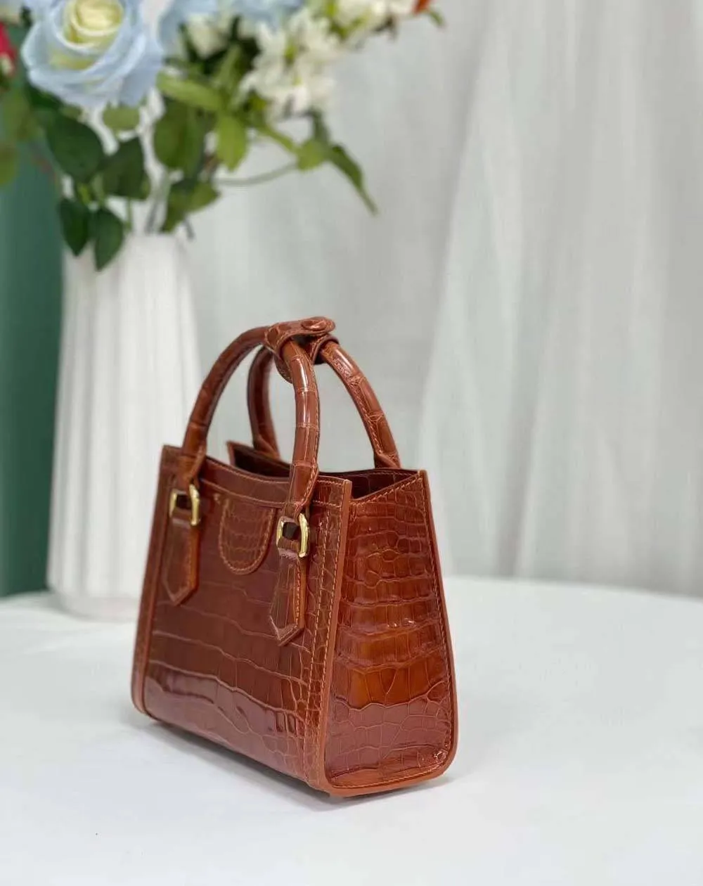 Womens Shiny Crocodile Leather Top Handle Bag Brown