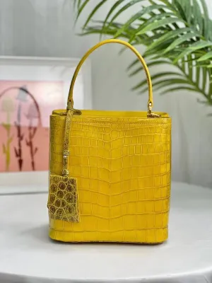 Womens Shiny Himalaya Yellow Crocodile Leather Hobo Top Handle Bag