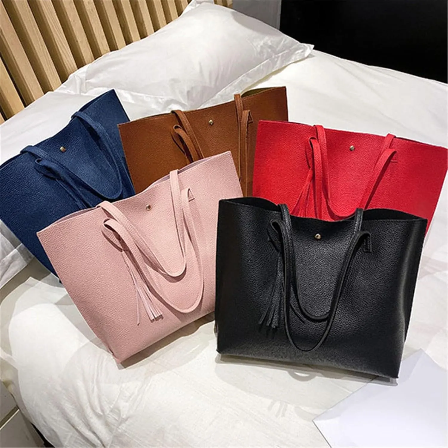 Women'S Soft Faux Leather Tote Shoulder Bag From Big Capacity Tassel Handbag Tote Purse with Pockets And