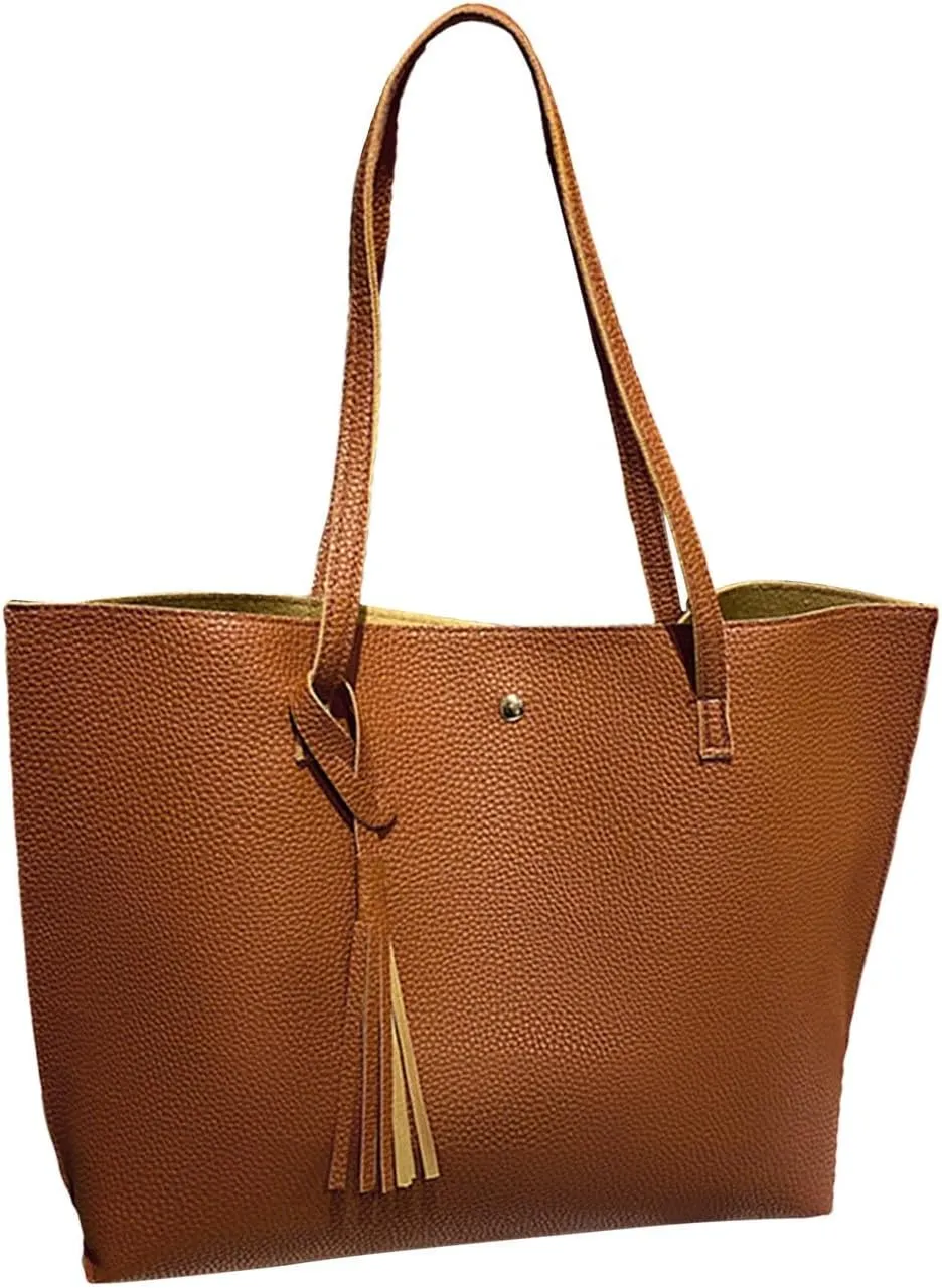 Women'S Soft Faux Leather Tote Shoulder Bag From Big Capacity Tassel Handbag Tote Purse with Pockets And