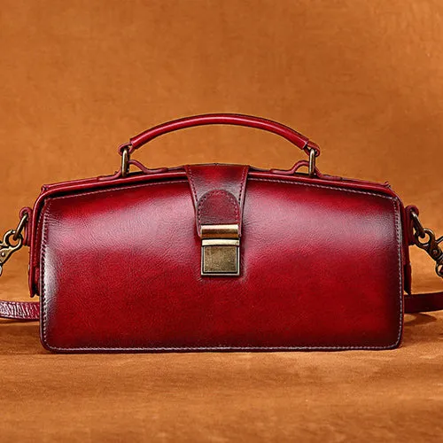 Women's Vintage Leather Doctor Bag Gladstone Bag Purse