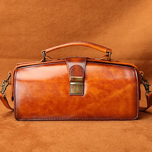 Women's Vintage Leather Doctor Bag Gladstone Bag Purse