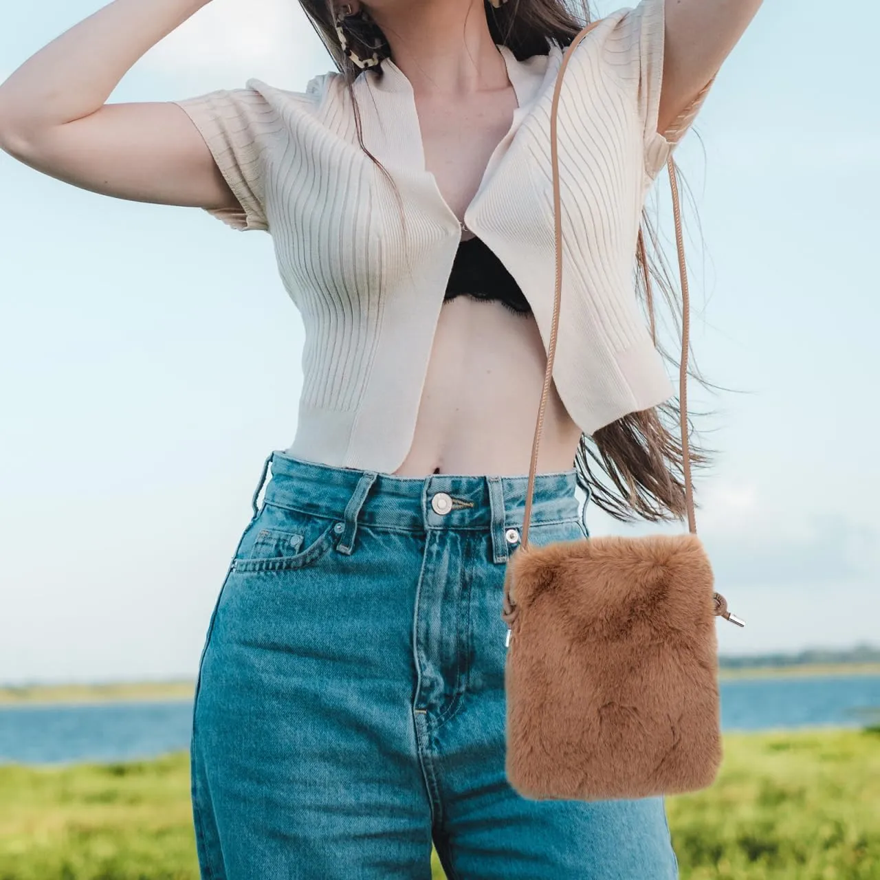 WRITWAA Plush Shoulder Bag Mobile Phone Case Woman Tote Bags for Women Shoulder Bags for Women Shoulder Bag Shoulder Bag for Women Storage Bag Polyester Brown