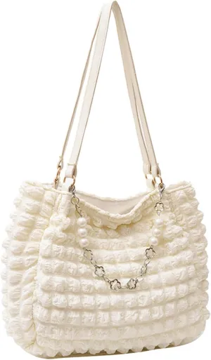 WUURAA Bubble Pleated Bag Ruched Design Satchel Bag Fashion Handbags for Women Girls Puffy Tote Bag Travel Shoulder Bag White