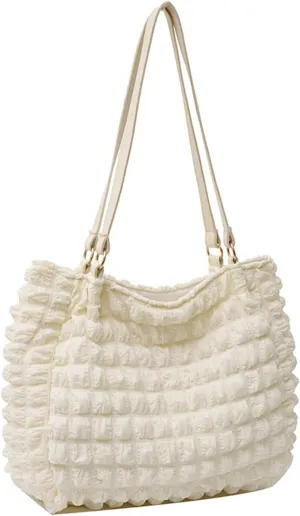 WUURAA Bubble Pleated Bag Ruched Design Satchel Bag Fashion Handbags for Women Girls Puffy Tote Bag Travel Shoulder Bag White