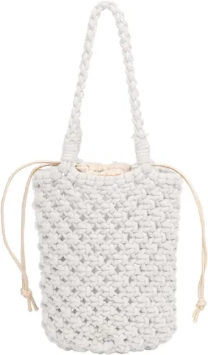 WUURAA Women Hollow Rope Woven Tote Bag Handmade Bucket Handbag Lady Casual Holiday Bag Fishnet Shoulder Bag Summer Beach Bag, White