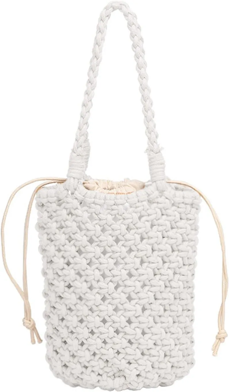 WUURAA Women Hollow Rope Woven Tote Bag Handmade Bucket Handbag Lady Casual Holiday Bag Fishnet Shoulder Bag Summer Beach Bag, White
