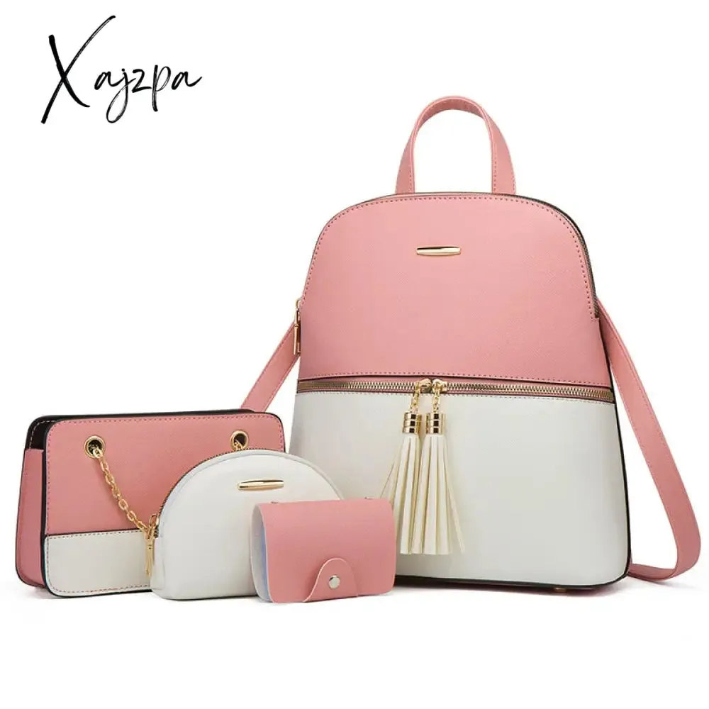Xajzpa - 4pcs/set woman fashion backpack set female shoulder crossbody bag set PU leather purse clutch bag luxury card holder women gift