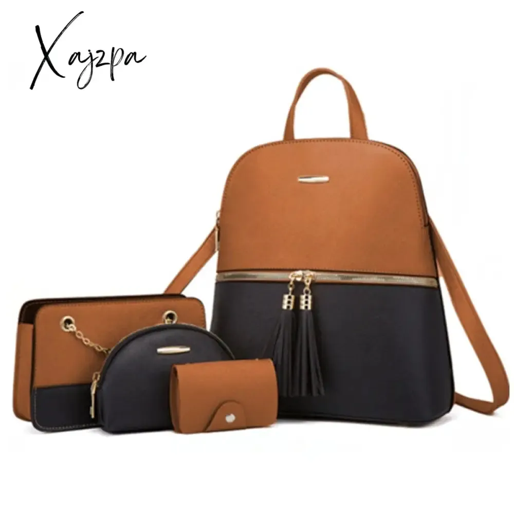 Xajzpa - 4pcs/set woman fashion backpack set female shoulder crossbody bag set PU leather purse clutch bag luxury card holder women gift