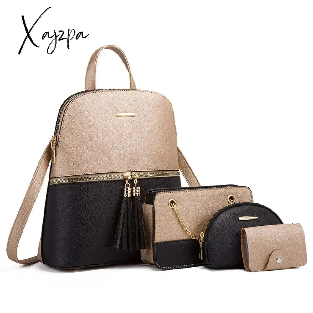 Xajzpa - 4pcs/set woman fashion backpack set female shoulder crossbody bag set PU leather purse clutch bag luxury card holder women gift