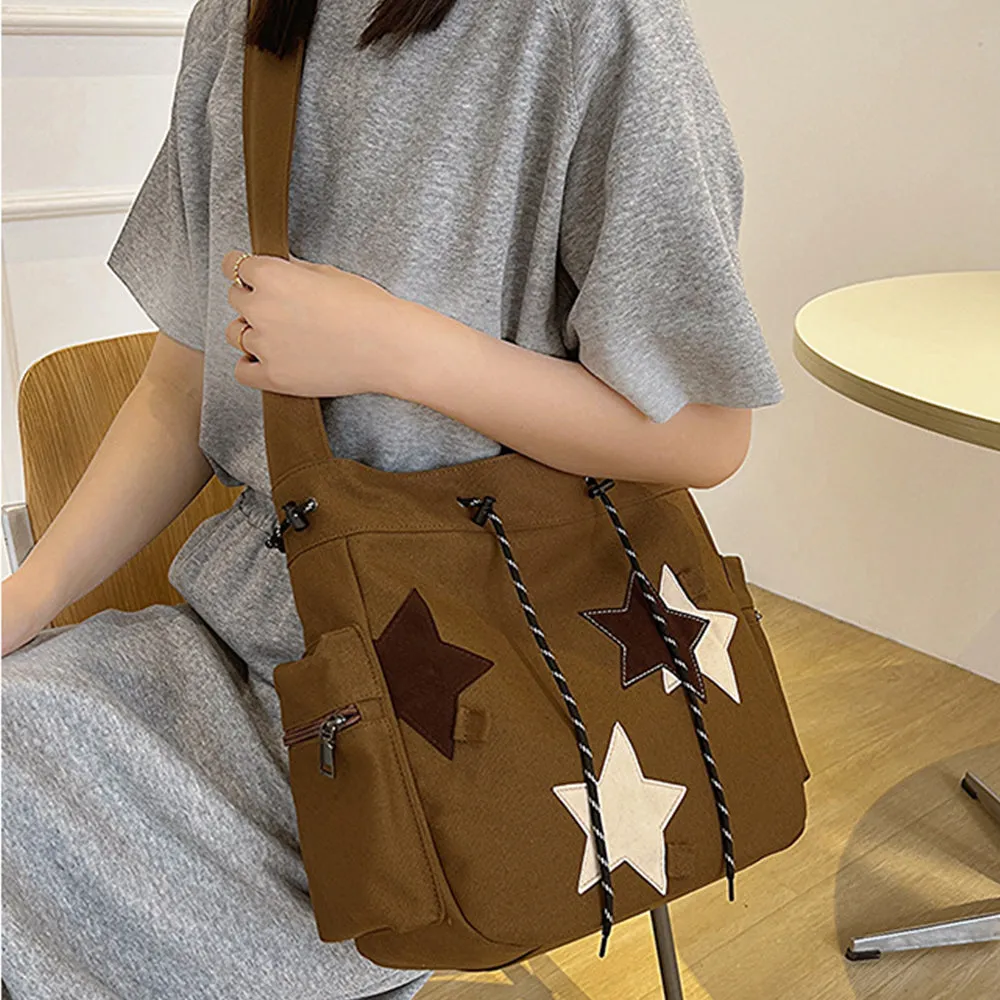 Y2K Canvas Messenger Bag Star Tote Bags Shoulder Travel Crossbody Bags for Women Brown