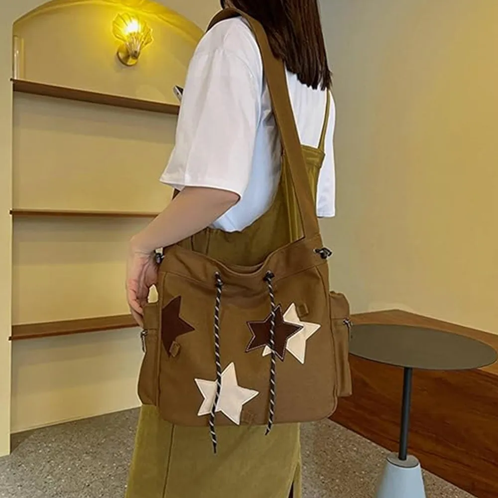 Y2K Canvas Messenger Bag Star Tote Bags Shoulder Travel Crossbody Bags for Women Brown