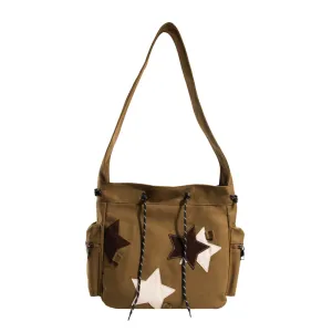 Y2K Canvas Messenger Bag Star Tote Bags Shoulder Travel Crossbody Bags for Women Brown