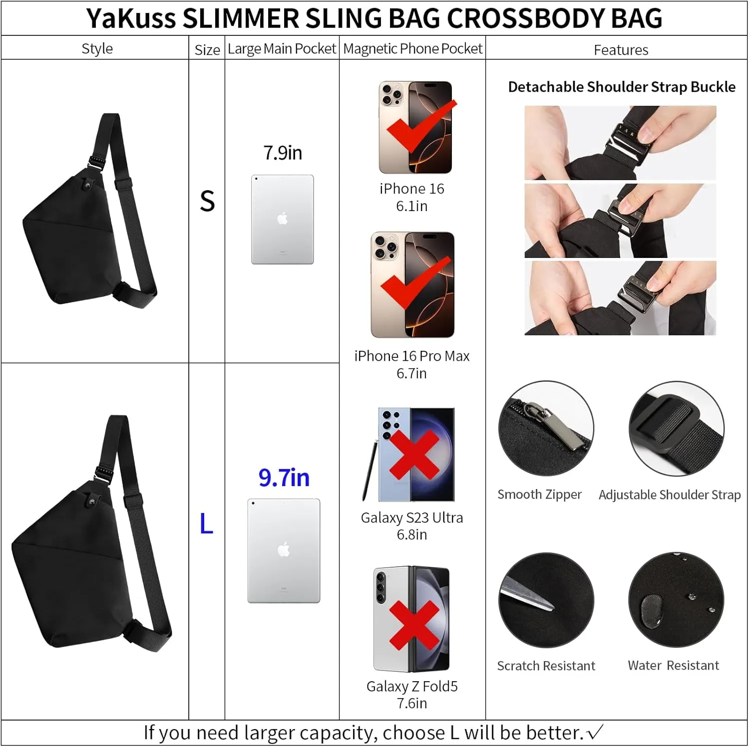 YaKuss Anti-Theft Crossbody Bag for Men and Women, Sling Bag with Adjustable Strap, Water-Resistant Travel Purse