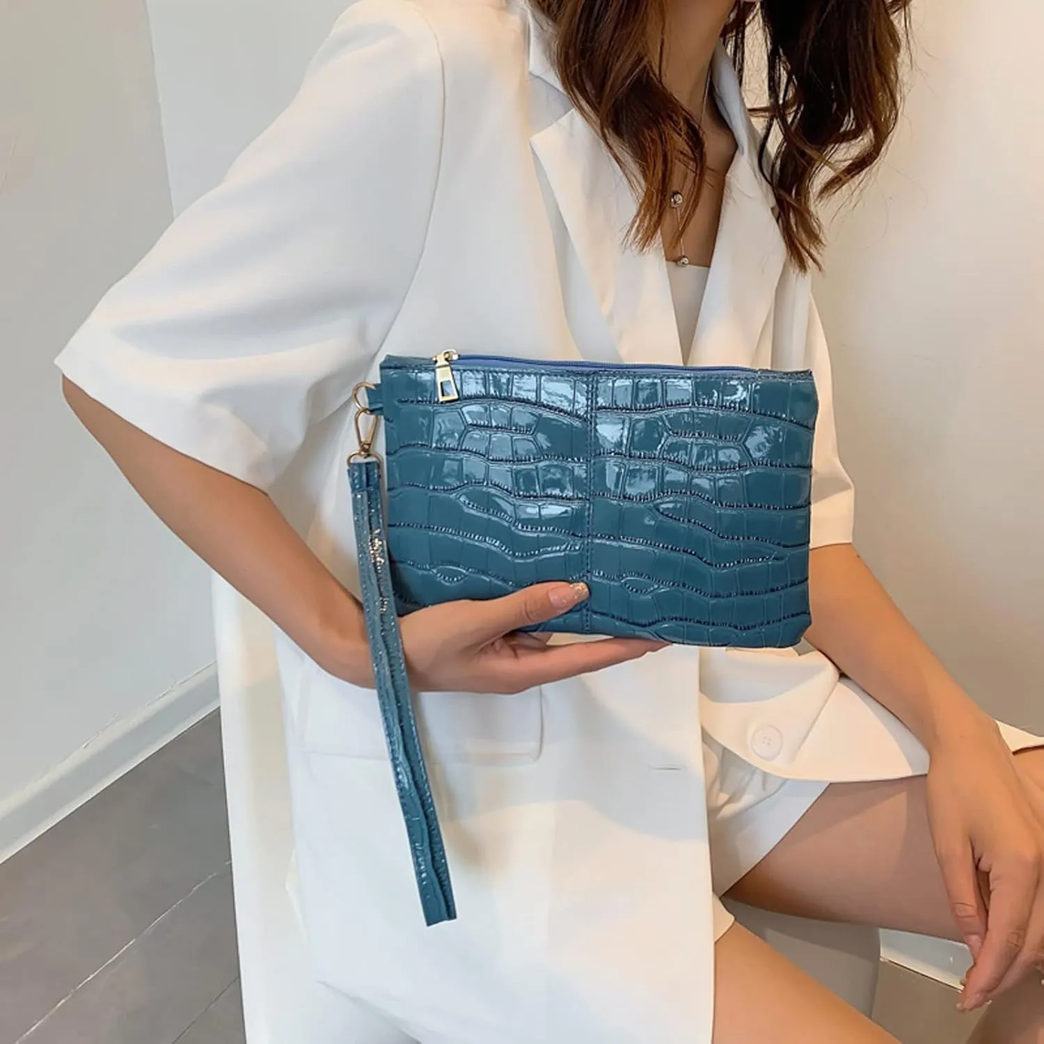 Zylione Fashion Women Faux Leather Plain Stone Pattern Underarm Bag Phone Bag Envelope Bag Clutch Bag Go Cart Belt Clutch